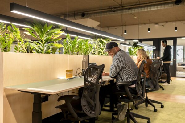 Moderne werkruimte aan de Aert van Nesstraat met mensen werkend aan bureaus, gescheiden door plantenbakken.